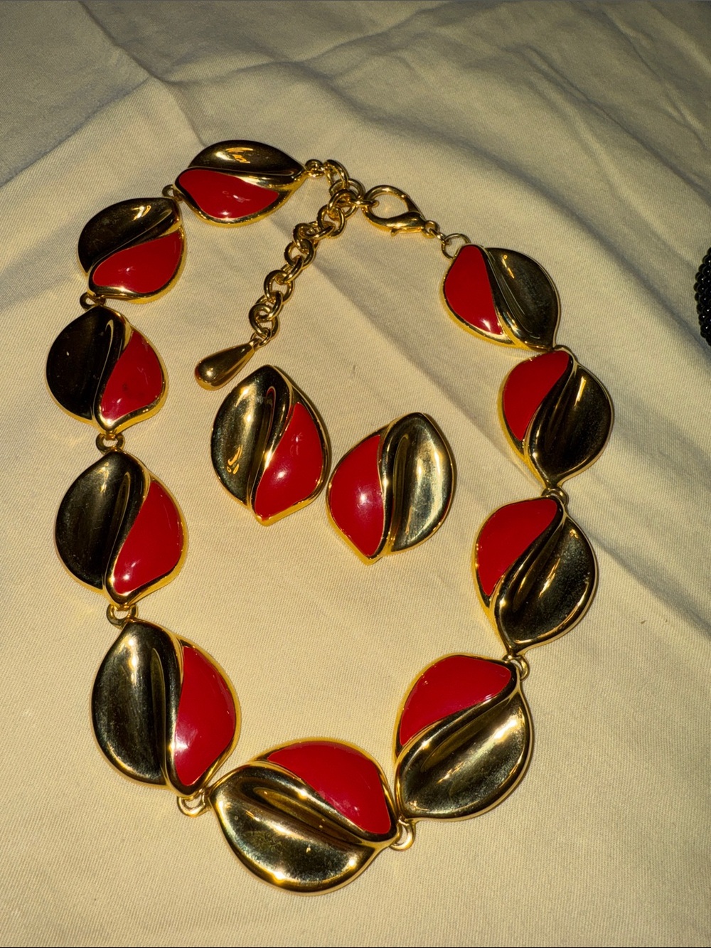 Gold-Tone Red and Gold Leaf Necklace & Earrings Set - Women Jewelry